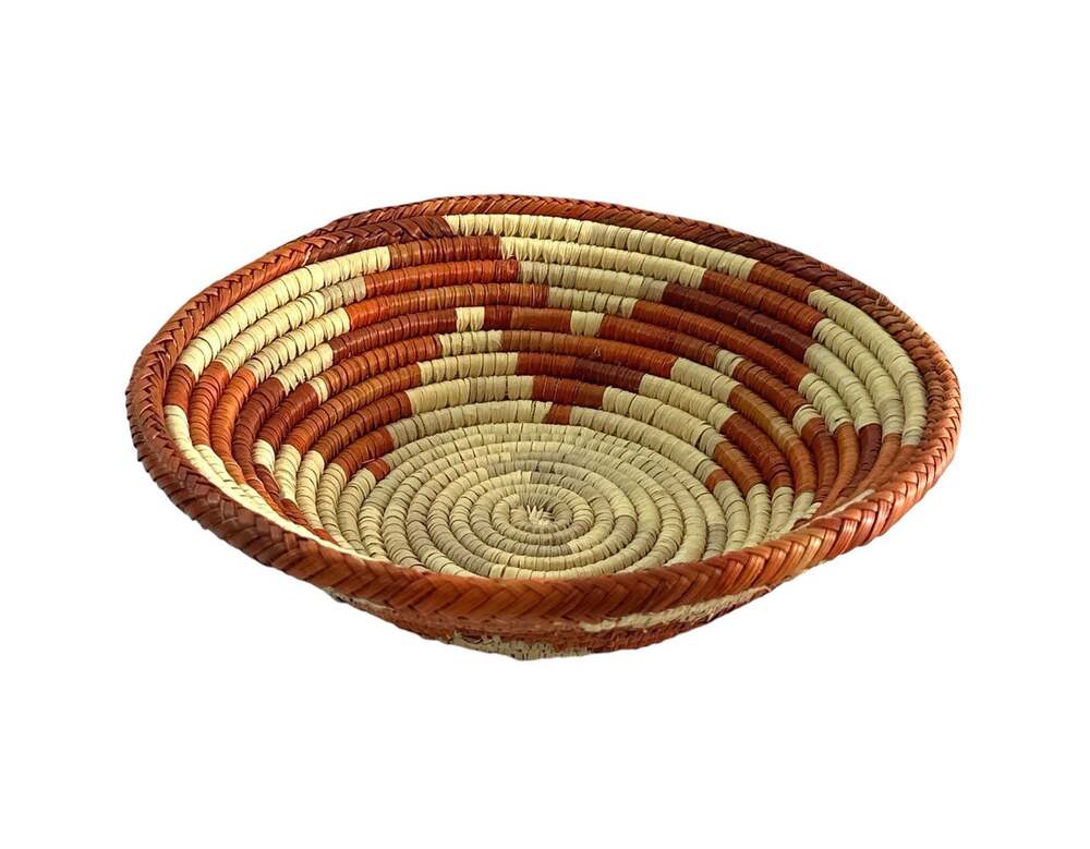 Handwoven Coiled Basket 7” Round Rust Orange Cream Boho Southwestern Decor